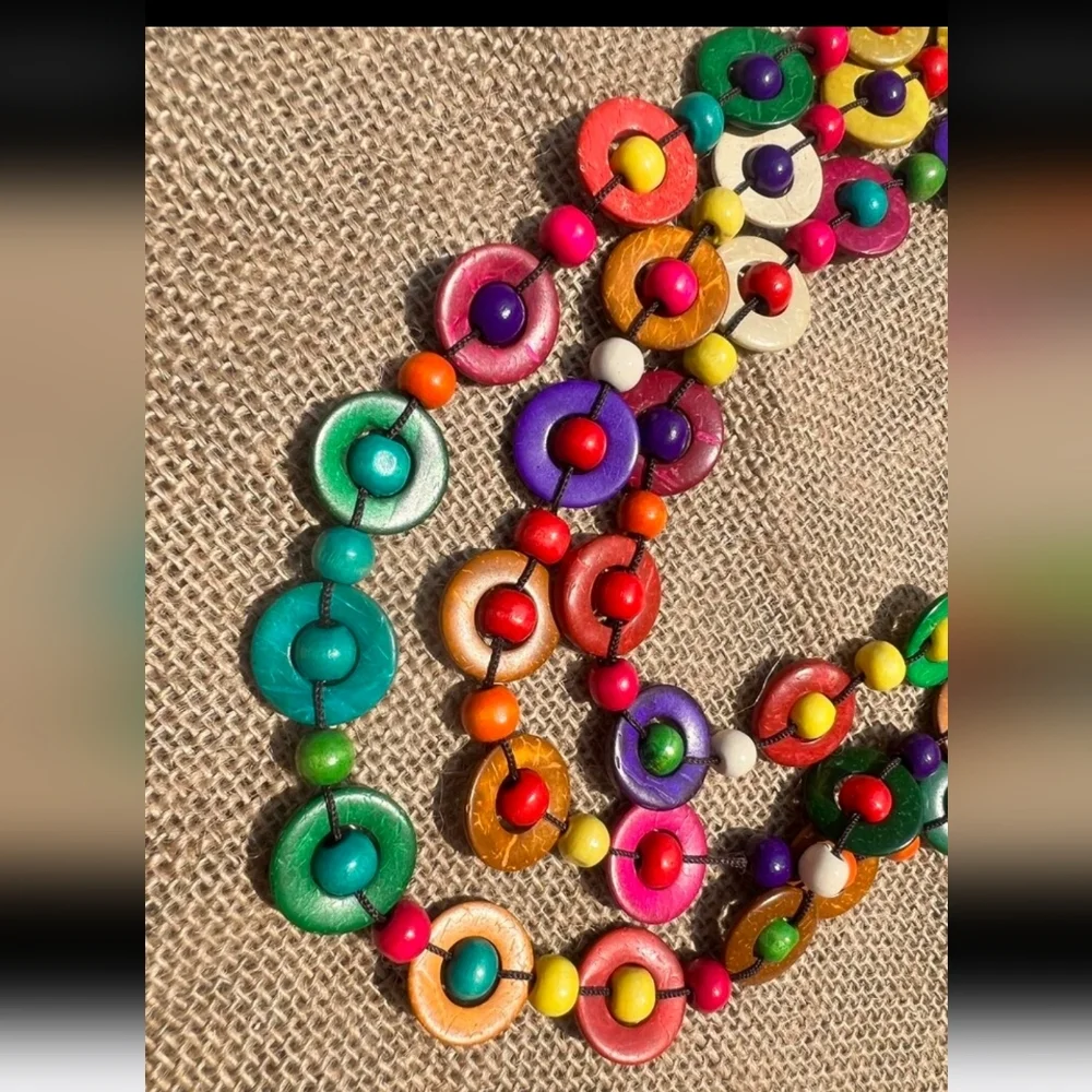 WOOD Bead COLORFUL COCONUT Shell NECKLACE - Picture 3 of 4